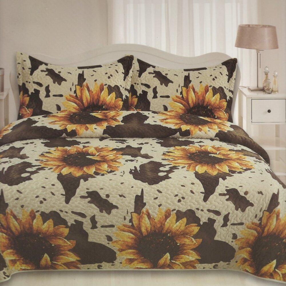 Brown Cow Print & Sunflowers Western Bedding Set Luxury Velvet Oversized 3Pc Set
